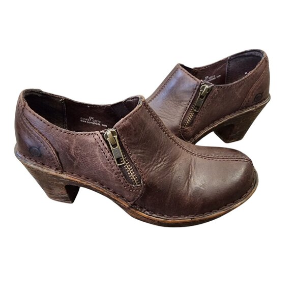 BORN Brown Leather Ankle Zipper Boots - Soft Ladies 6M Booties Shoes 2.5" Heel - Picture 1 of 16